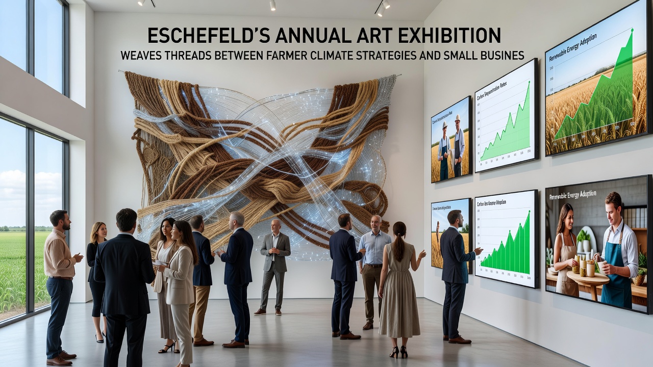 Detailed view of exhibition artworks illustrating rural business adaptation alongside climate-resilient agriculture