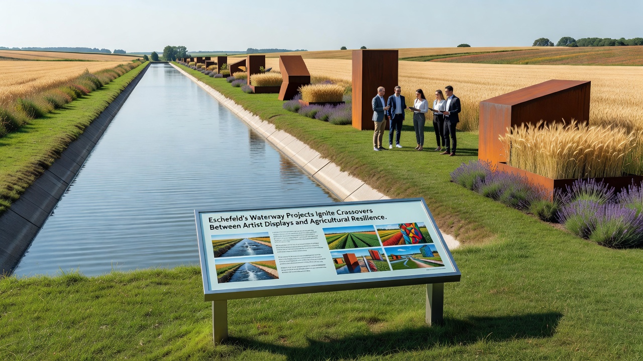 Close-up of an artist-designed water feature integrated into Eschefeld farmland with native plants and resilient crop rows